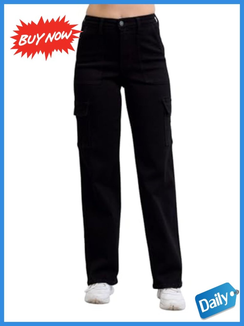 High Waist Cargo Wide Leg Jeans Stretch Denim 32" Inseam
